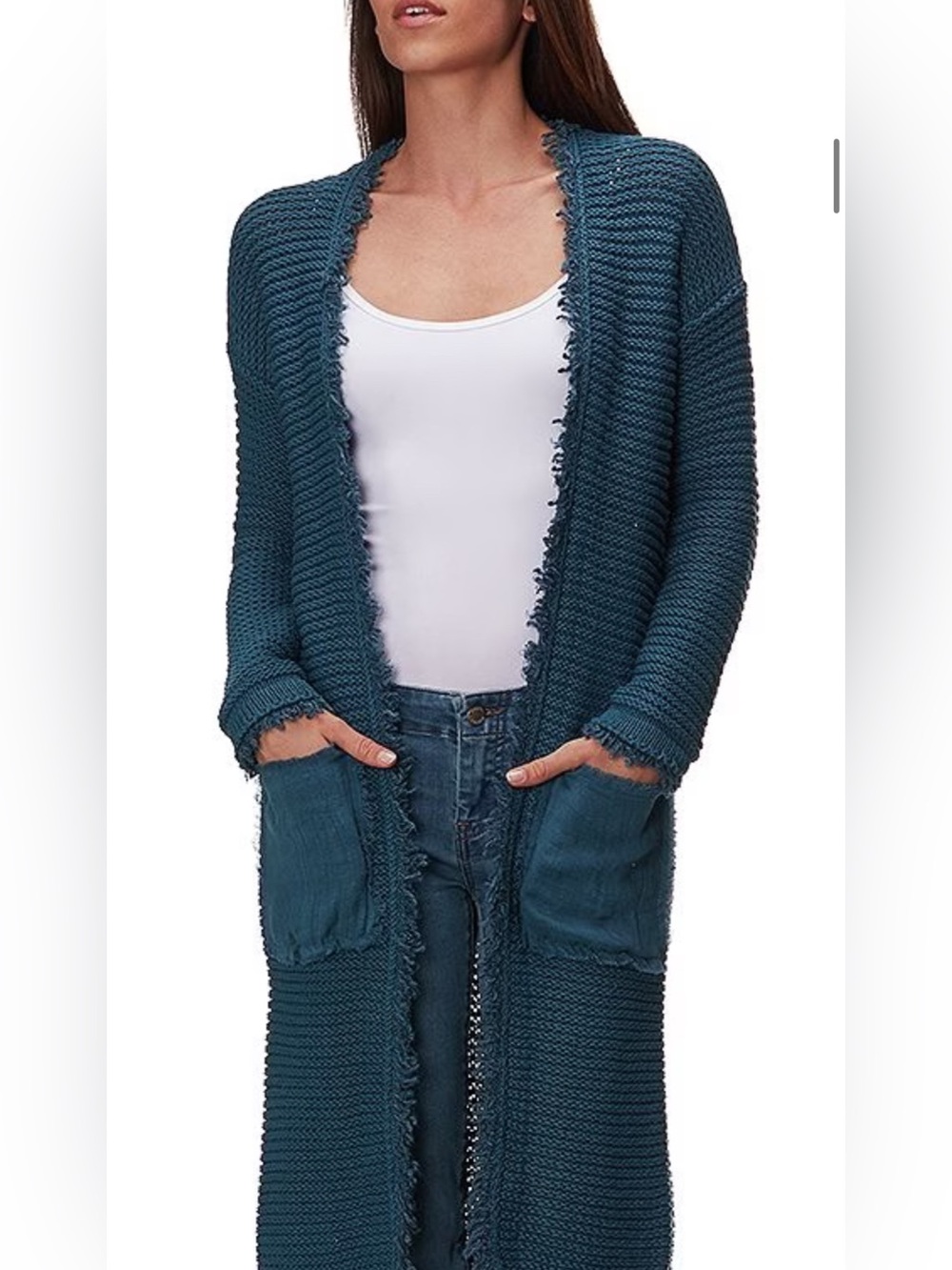 Free People Teal Open-Front Frayed Knit Cardigan